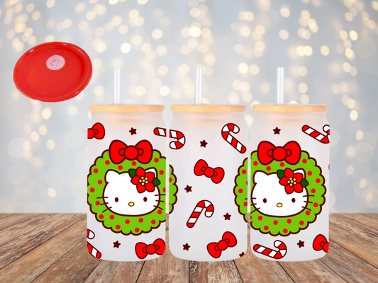 Pre Order** Christmas Kitty Glass Cup, 16oz